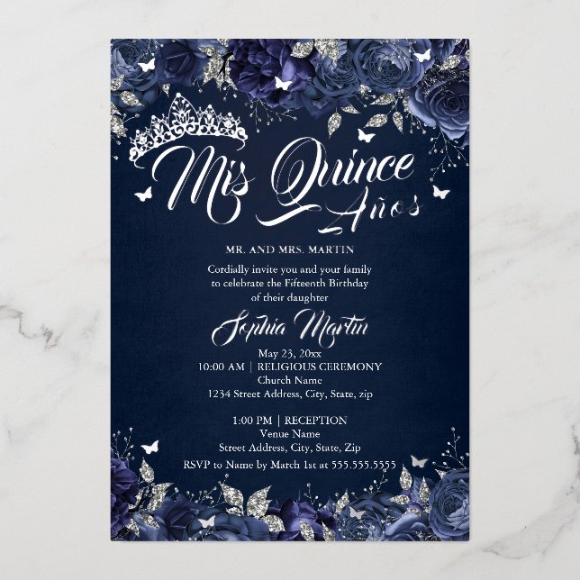 Navy Silver Rose Mis Quince Quinceanera  (Front)