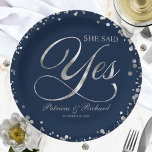 Navy Silver She Said Yes Engagement Party Paper Plate<br><div class="desc">Elegant calligraphy engagement party paper plate. Easy to personalise with your details. Please get in touch with me via chat if you have questions about the artwork or need customisation. PLEASE NOTE: For assistance on orders,  shipping,  product information,  etc.,  contact Zazzle Customer Care directly https://help.zazzle.com/hc/en-us/articles/221463567-How-Do-I-Contact-Zazzle-Customer-Support-.</div>
