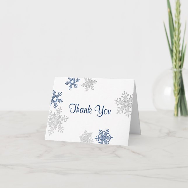 Navy Silver Snowflake Winter Wedding Thank You Card (Front)