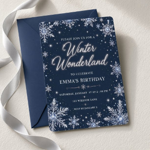 Navy Silver Snowflake Winter Wonderland Birthday Invitation