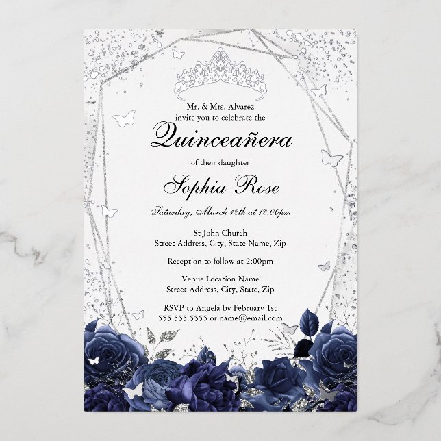 Navy Silver Sparkle Flower Tiara Quinceanera  (Front)