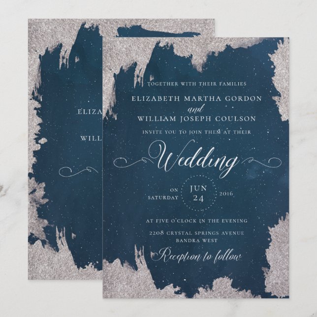 Navy Silver Star Celestial Winter Wedding Card (Front/Back)