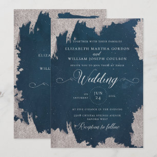 Navy Silver Star Celestial Winter Wedding Card