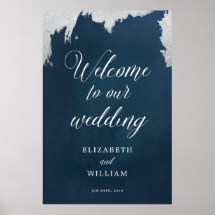 Navy Silver Star Celestial Winter Wedding Welcome Poster