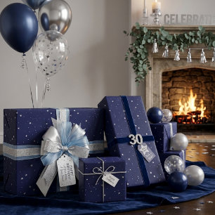 Navy Silver Starry Night Minimalist Gift Wrapping Paper