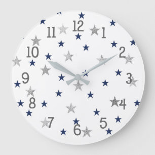 Navy Silver Stars Twinkle Baby Nursery Decor Large Clock