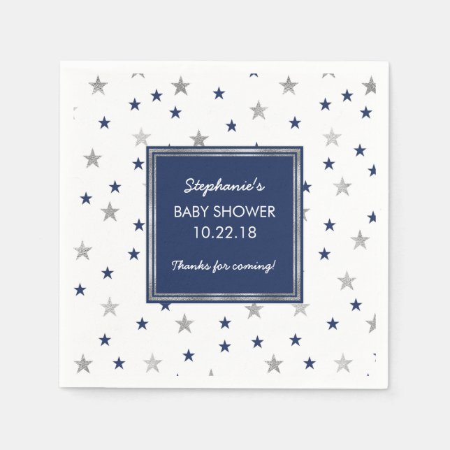 Navy Silver Stars Twinkle Baby Shower decor Napkin (Front)