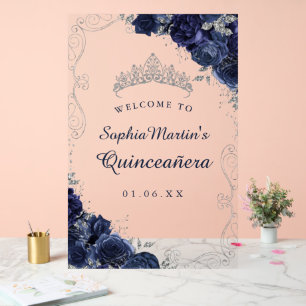 Navy Silver Swirl Floral Quinceanera Acrylic Sign