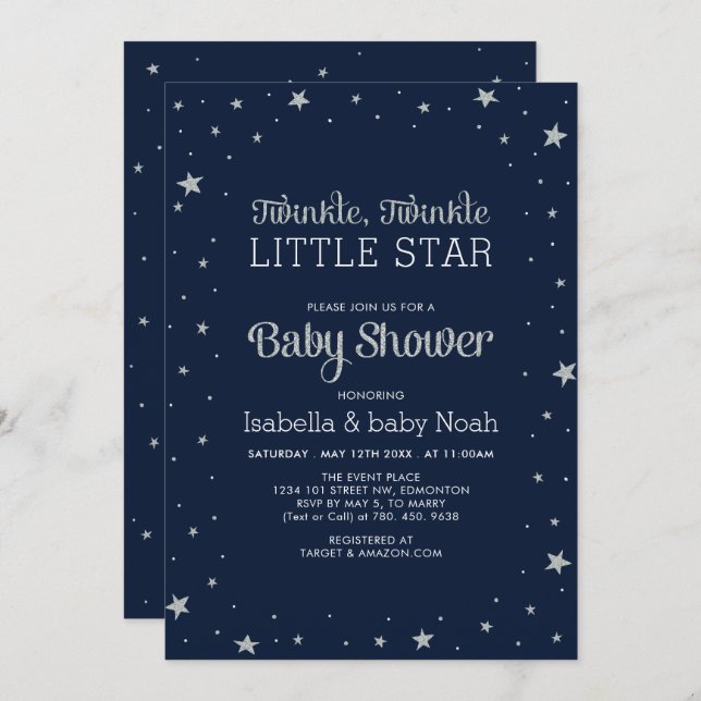 Navy & Silver | Twinkle Little Star Baby Shower Invitation (Front/Back)