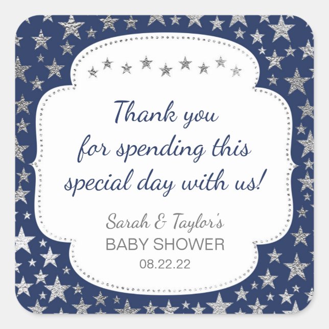 Navy Silver Twinkle stars thank you favour Square Sticker (Front)