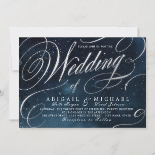 Navy silver vintage calligraphy glam wedding invitation