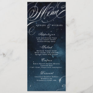 Navy silver vintage calligraphy glam wedding menu