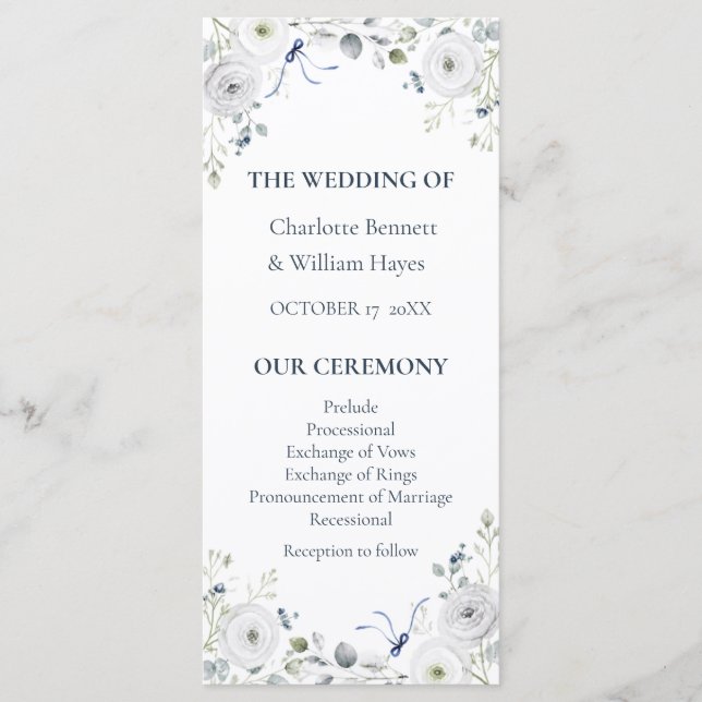 Navy Silver Watercolor Floral Wedding Program Programme (Front)