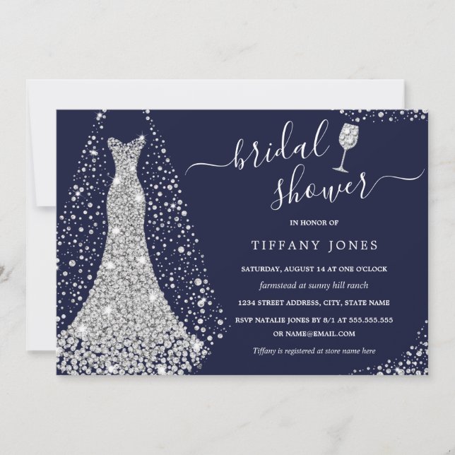 Navy Silver Wedding Dress Bridal Shower  Invitation (Front)