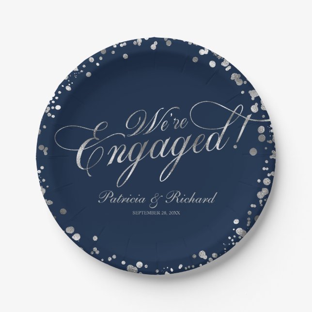 Navy Silver We're Engaged Engagement Party Paper Plate (Front)