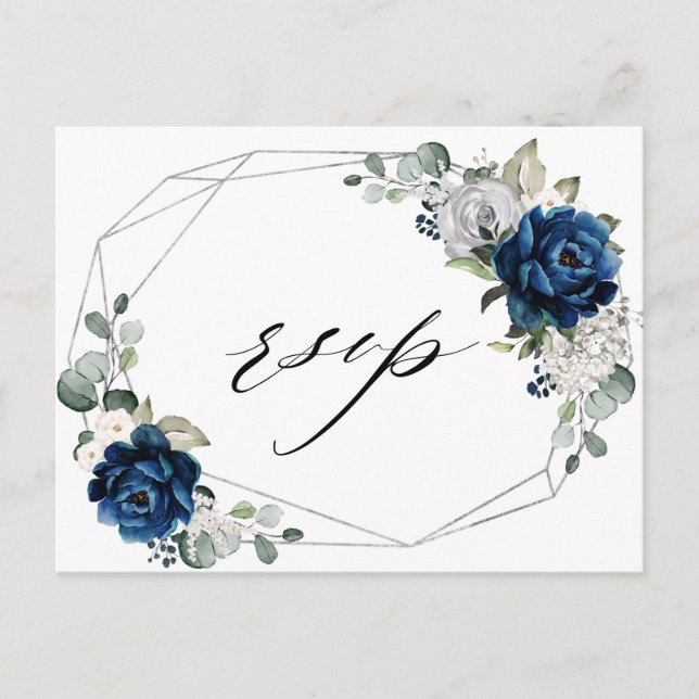 Navy Silver White Champagne Ivory Geometric RSVP Postcard (Front)