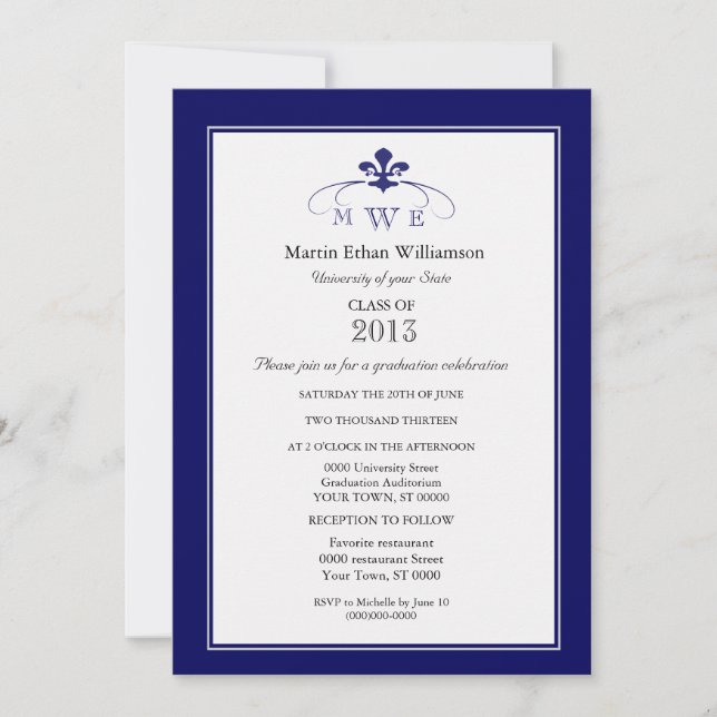 Navy Silver & White Fleur de Lis Formal Graduation Invitation (Front)