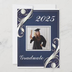 Navy Silver White Graduation Invitation