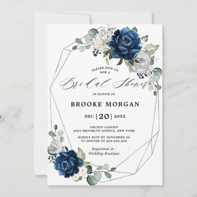 Navy Silver White Ivory Geometric Bridal Shower Invitation (Front)