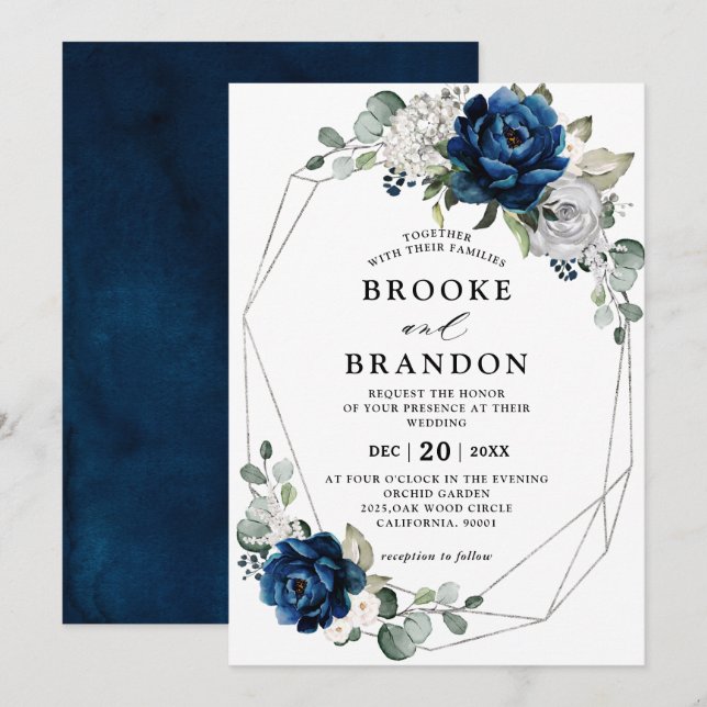 Navy Silver White Ivory Geometric Wedding Invitation (Front/Back)