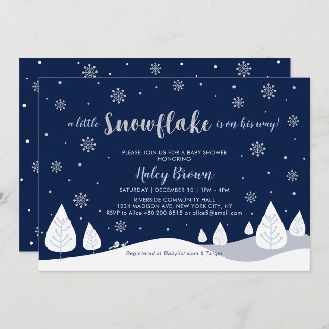 Navy & Silver Winter Wonderland Boy Baby Shower Invitation (Front/Back)