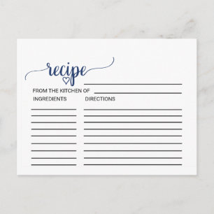 Navy Simple Calligraphy Bridal Shower Recipe Cards