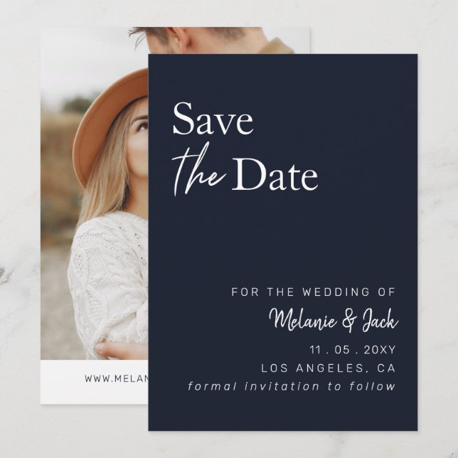 Navy Simple Calligraphy Photo Save The Date (Front/Back)