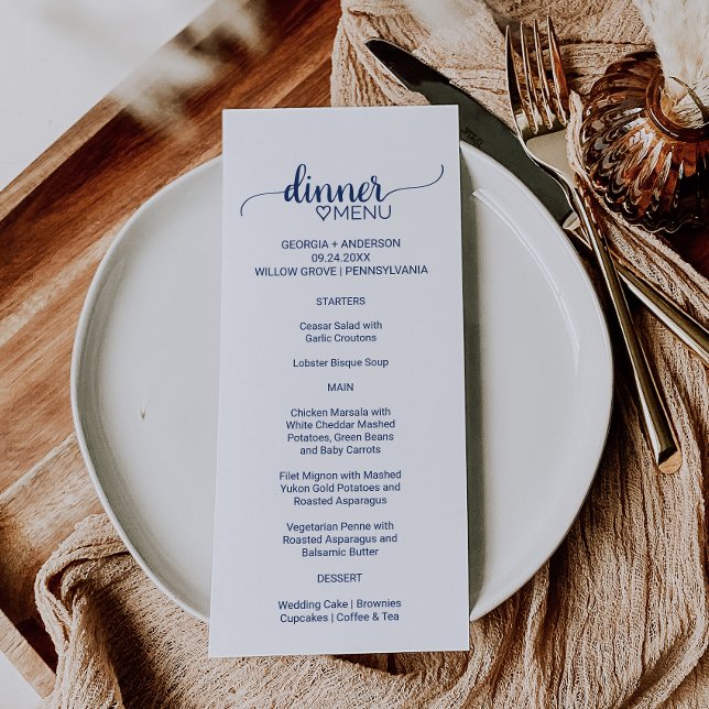 Navy Simple Calligraphy Wedding Dinner Menu Card (Creator Uploaded)