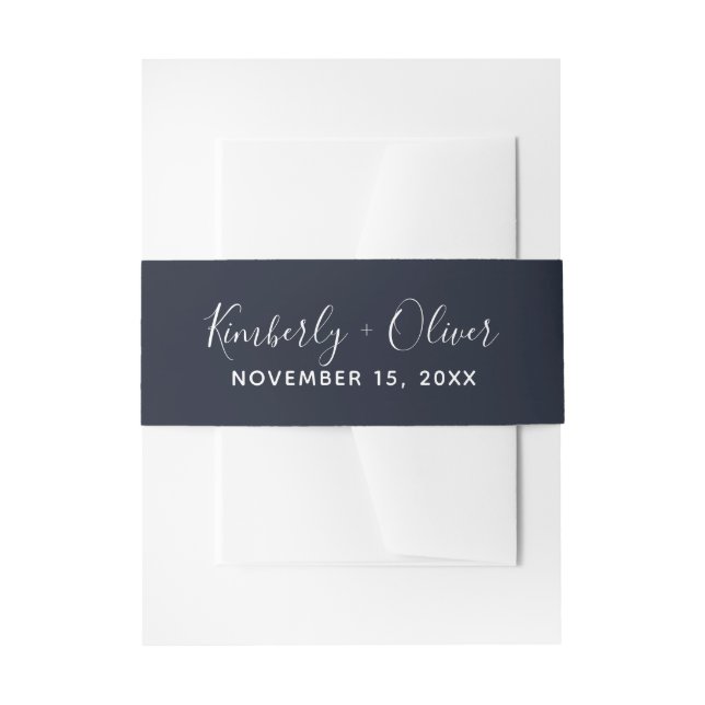 Navy Simple Calligraphy Wedding Invitation  Belly Band (Front Example)
