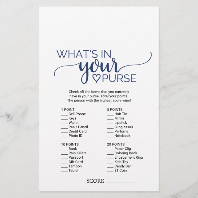 Navy Simple Calligraphy What's In Your Purse Game Flyer (Back)
