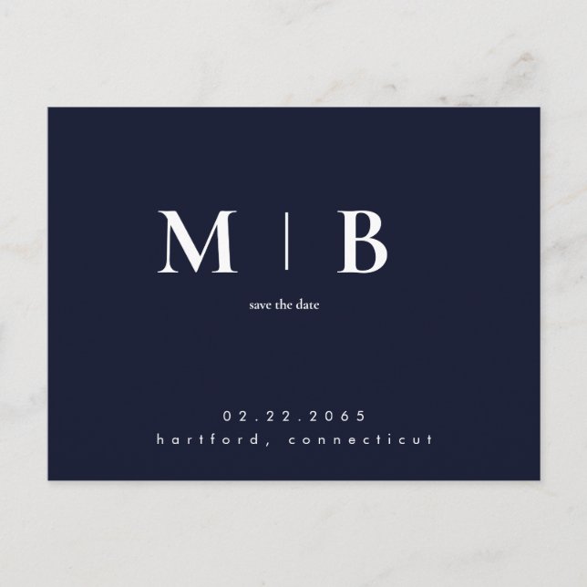 Navy Simple Contemporary Monogram Save the Date  Postcard (Front)