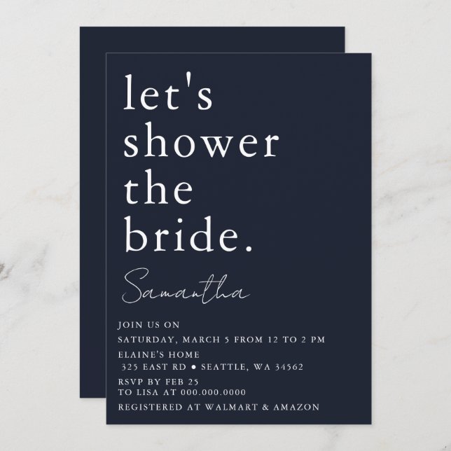 Navy Simple Elegant Modern Bridal Shower Invitation (Front/Back)