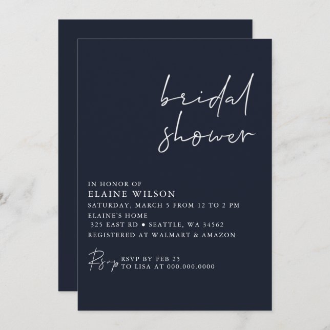 Navy Simple Elegant Modern Bridal Shower Invitation (Front/Back)