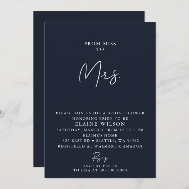 Navy Simple Elegant Modern Bridal Shower Invitation (Front/Back)