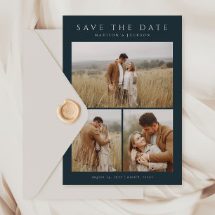 Navy Simple Elegant Modern Four Photo Save The Date