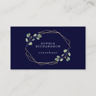 Navy Simple Eucalyptus Greenery   Gold Geometric Business Card