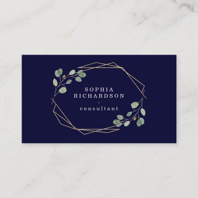 Navy Simple Eucalyptus Greenery | Gold Geometric Business Card (Front)