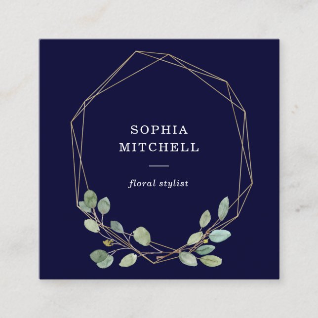 Navy Simple Eucalyptus Greenery | Gold Geometric Square Business Card (Front)