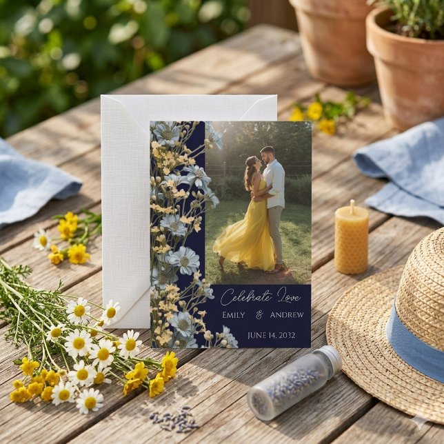 Navy Simple Modern Floral Wedding Invitation (Creator Uploaded)
