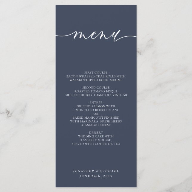 Navy Simple Modern Wedding Ceremony Dinner Menu (Front)