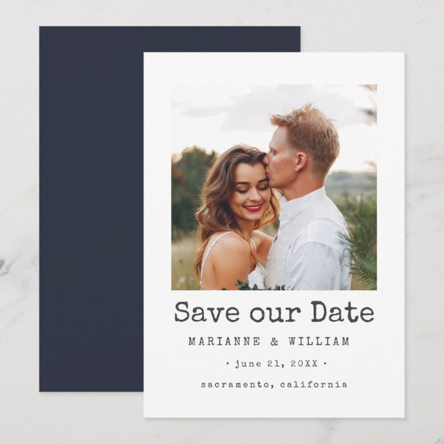 Navy Simple SQUARE Photo wedding save the date (Front/Back)