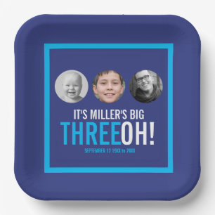 Navy sky blue 30th Three OH! photo birthday  Paper Plate