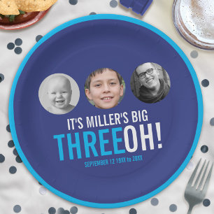 Navy sky blue 30th Three OH! photo birthday Paper Plate