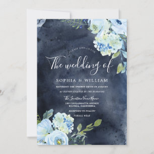 Navy & Sky Blue Watercolor Flowers Wedding Invitation