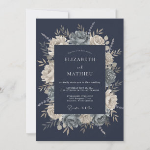 Navy Slate Blue Floral Watercolor Wedding Invitation