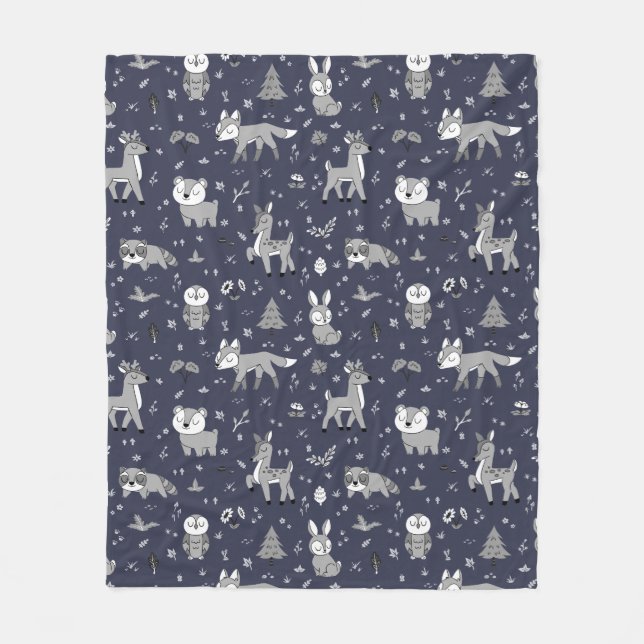 Navy Sleepy Woodland Critters Gender Neutral Fleece Blanket (Front)