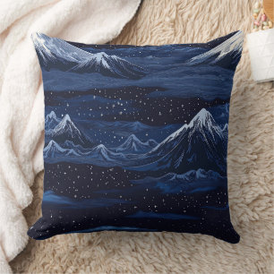 Navy Snow Mountain Starry Night Landscape Pattern Cushion