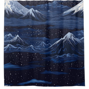 Navy Snow Mountain Starry Night Landscape Pattern Shower Curtain