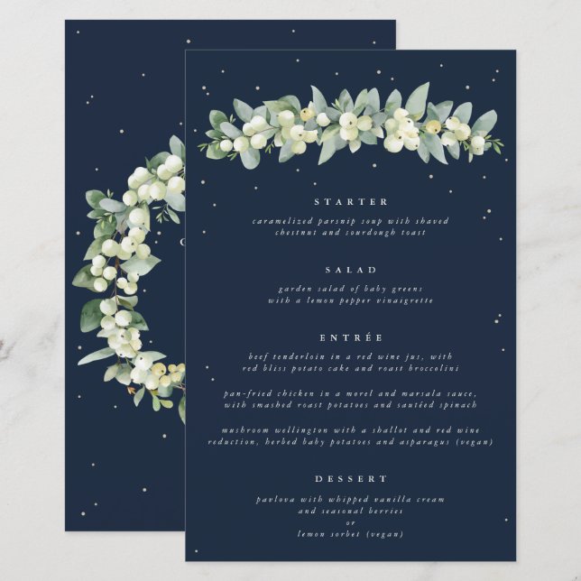 Navy Snowberry+Eucalyptus 4 Course Wedding Menu (Front/Back)