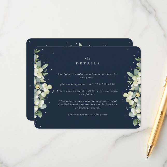 Navy Snowberry+Eucalyptus Edged Wedding Details Enclosure Card (Front/Back In Situ)